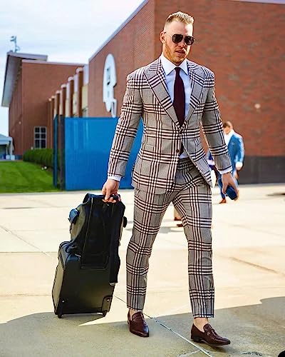 Kromoc Men's Houndstooth Jacket Vest Pants Suit Peak Lapel Tuxedos Two Buttons Formal Business Casual Dinner3