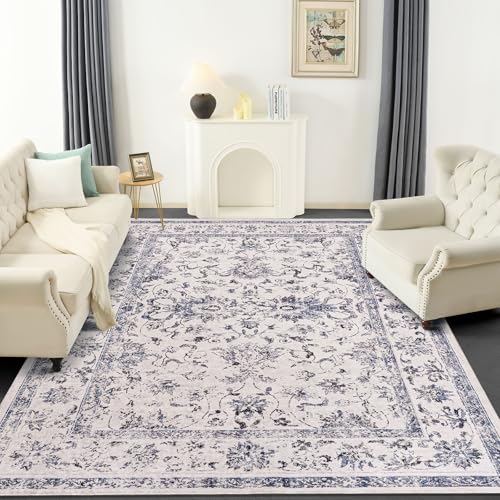 Image of Washable Rug 8x10 for Living Room - Navy Blue Stain Resistant Urtla Thin Area Rugs with Non Slip Rubber Backing - Indoor Floor Carpet for Dining Room Home Office Dorm, Blue /White