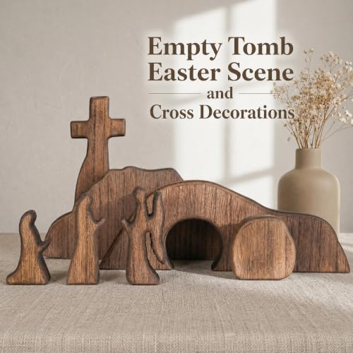 Image of NEROSUN Empty Tomb Easter Scene and Cross Decoration, Wooden Jesus Resurrection Nativity Set, Religious Christian Tabletop Decor for Home Office Christian