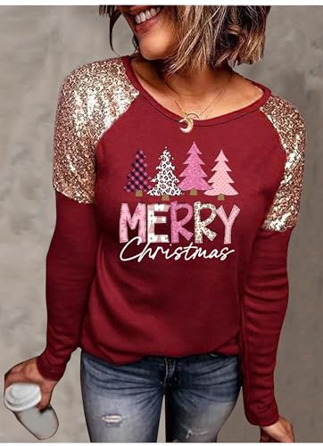 Image of Women Leopard Christmas Trees Snowflake Sequined Splicing Blouse T Shirts Xmas Graphics Print Casual Long Sleeve Tees