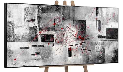YS Peinture abstraite sur toile noir et blanc avec des lignes rouges Courage Tableau peinte à la main Surface texturée Décoration intérieure avec cadre...