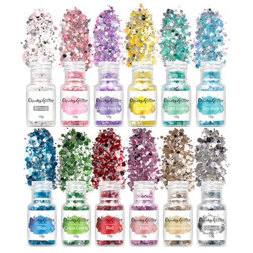 Lentejuelas holográficas de 12 colores, 144 g, copos de purpurina iridiscentes para cara, cuerpo, ojos, resina epoxi para Halloween, carnaval, fiesta (brillo galáctico)