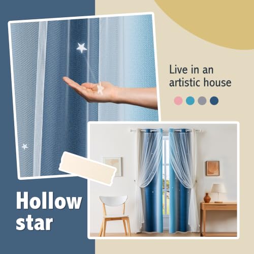 Image of indistar Star Blackout Curtains for Girls Kids Bedroom, Colourful Stripe Window Curtain Panels, 2 Layer Lace Drapes, Room Darkening Curtain for Living Room Decor, 1 Panel（Blue W35 x L63 inch）