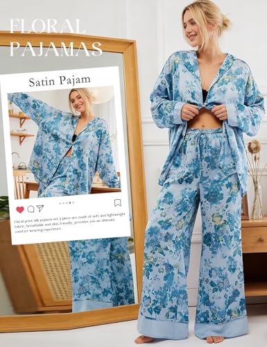 Image of Yimoon Satin Pajama Set for Women Silk Pajamas Set 2 Piece Floral Cute Pj Set Long Sleeve Pjs Sleepwear