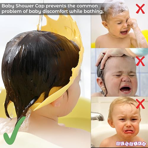 Image of Bembika Baby Shower Cap For Washing Hair, Soft Bathing Baby Shower Cap For Eye Protection And Hair Wash Adjustable Reusable, Waterproof, And Comfortable For Babies � (Crown Yellow)