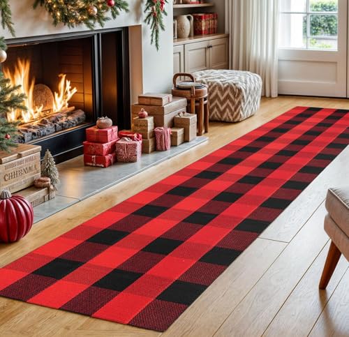 IOHOUZE-Christmas-Buffalo-Plaid-Runner-Rug-2x8-Ft-Outdoor-Indoor-Runner-Rug-Red-Black-Check-Washable-Hallway-Runner-Woven-Cotton-Checkered-Kitchen-Rug-Christmas-Decor-for-Entryway-Hallway-Kitchen IOHOUZE Christmas Buffalo Plaid Runner Rug 2×8 Ft Outdoor Indoor Runner Rug Red Black Check Washable Hallway Runner Woven Cotton Checkered Kitchen Rug Christmas Decor for Entryway Hallway Kitchen