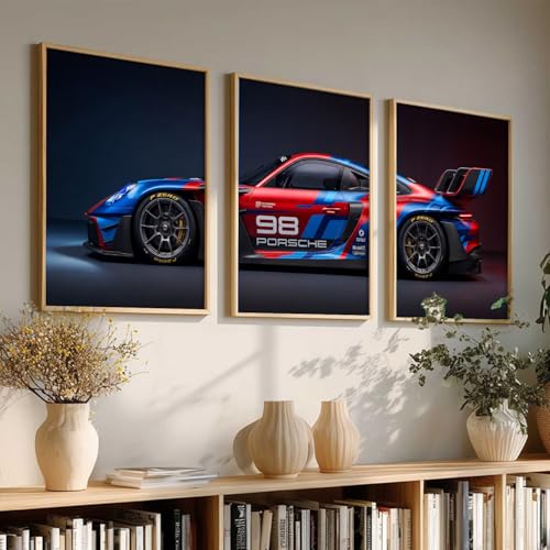 Image of HOMESY Sports Car Framed Posters Gift Items for Boys Room | Wall Decoration for Bedroom Living Room Office Gaming Room Decor | Sports GT3RS Car Poster with Frame for Wall Decor Set Of 3 Size (10x13 inch, BROWN)