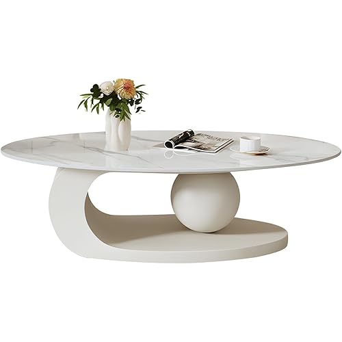 LITFAD Modern Stone Coffee Table with Abstract Metal Base Living Room Table Center Table for Home Furniture - White 39" L x 20" W x 17" H