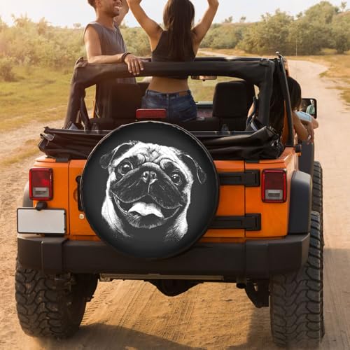Image of Black and White Pug Face Polyester Tire Covers 16 inch Wheel Adjustable Car Cover Fit Trailer RV SUV Many Vehicles Car Diameter 29 inch-31 inch