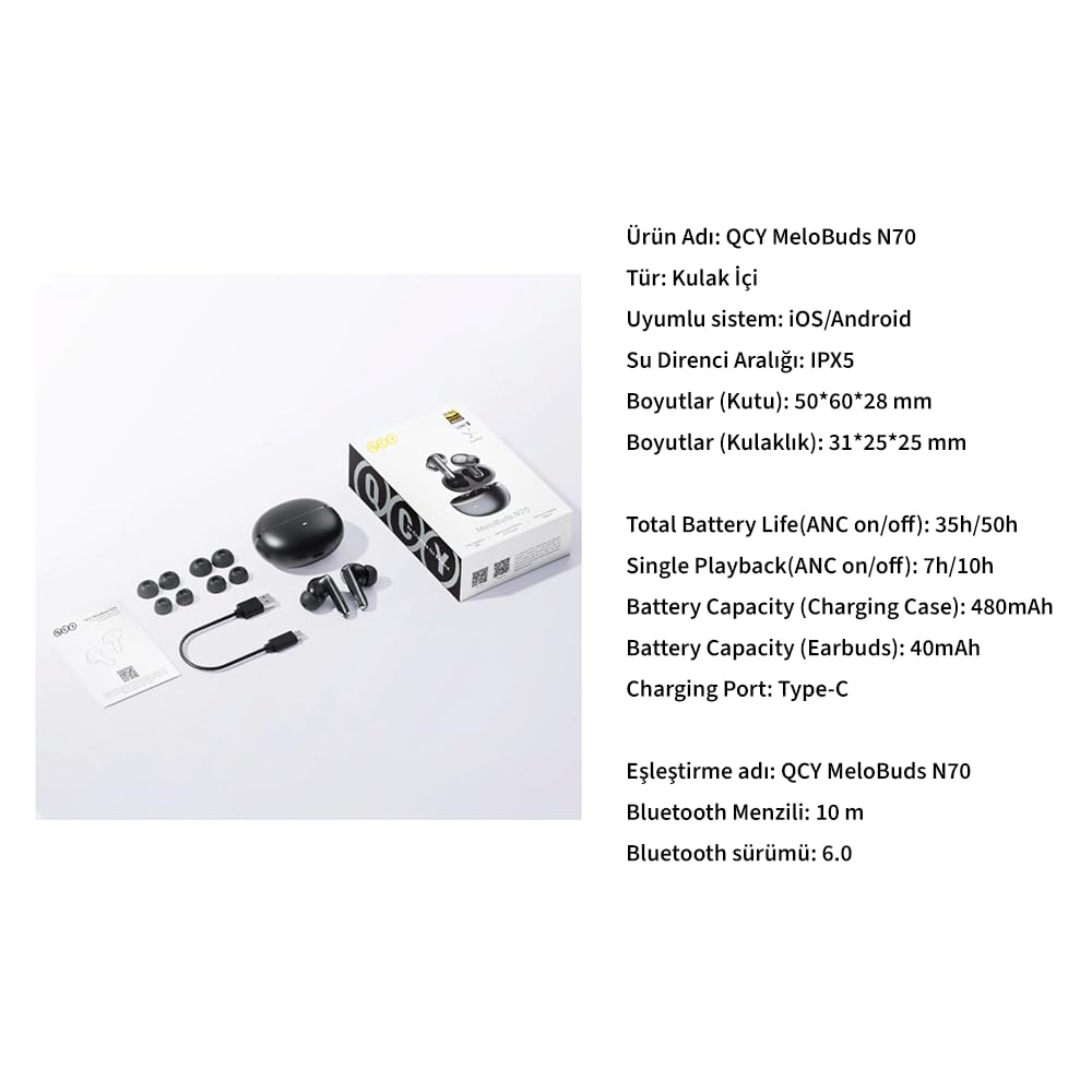 QCY MeloBuds N70 Auriculares Bluetooth, audio Hi-Res, LDAC, 50 dB Hybrid ANC cancelación de ruido, 50 horas de duración de la batería, gris, in-ear, inalámbrico