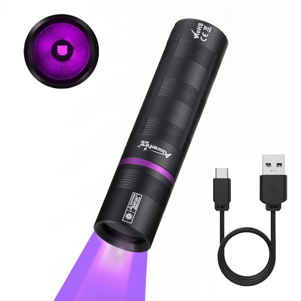 ALONEFIRE SV135 Mini 365nm UV Flashlight USB C Rechargeable Blacklight Woods Lamp Money Detector Black Light for Pet Urine Detetector, Minerals, Rocks, AC Leaks with Built-in Battery