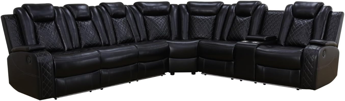 Intelligent Electric 3-Piece Sofa+loveseat+Wedge Recliner Sofa, Black Breathing Leather ，with USB Charging，backrest Tilts Back 110-115°Storage Bucket Armset, Cup-Holder, LED Lighting(S+L+W)