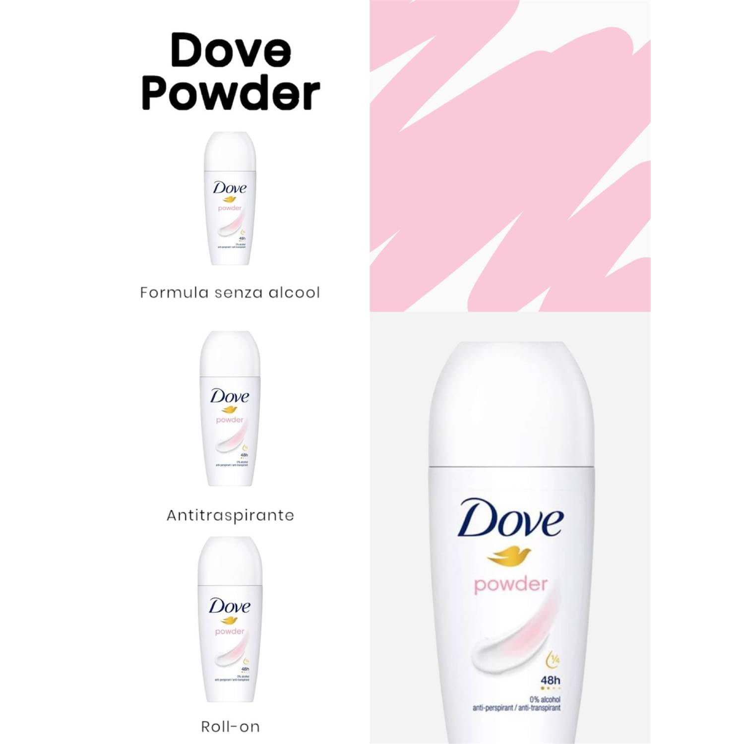 Dove Powder Deodorant Roll-On Antitranspirant 48H ohne Alkohol 50 ml (12)