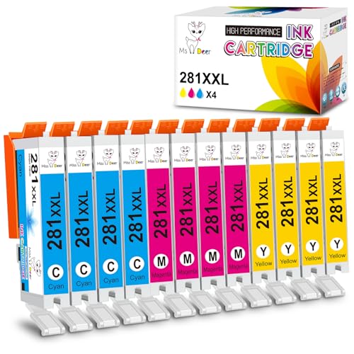 Image of Miss Deer CLI-281 XXL Cyan Magenta Yellow-12 Color Ink Compatible with Canon 281XXL CLI281 Value Pack Work for Pixma TS6120 TS8120 TR7520 TR8520 TS9120 TS6220 TS8220 TS9520 TS9521C (4C,4M,4Y) 12 Pack