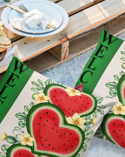 Red Green Watermelon Outdoor Pillow Cover 20x20 Inch Cushion Sham Case, Waterproof Decorative Square Throw Pillowcase for Outside Garden Patio Porch Couch Chair Tent Summer Botanical Plant Leaves