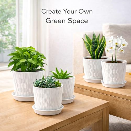Image of Eightiz (Pack of 5 6 Inch Plastic Flower Pots for Indoor & Outdoor Terrace,Garden Plants Decorative Planters with Drainage Holes & Matching Saucers Durable & Lightweight (White)