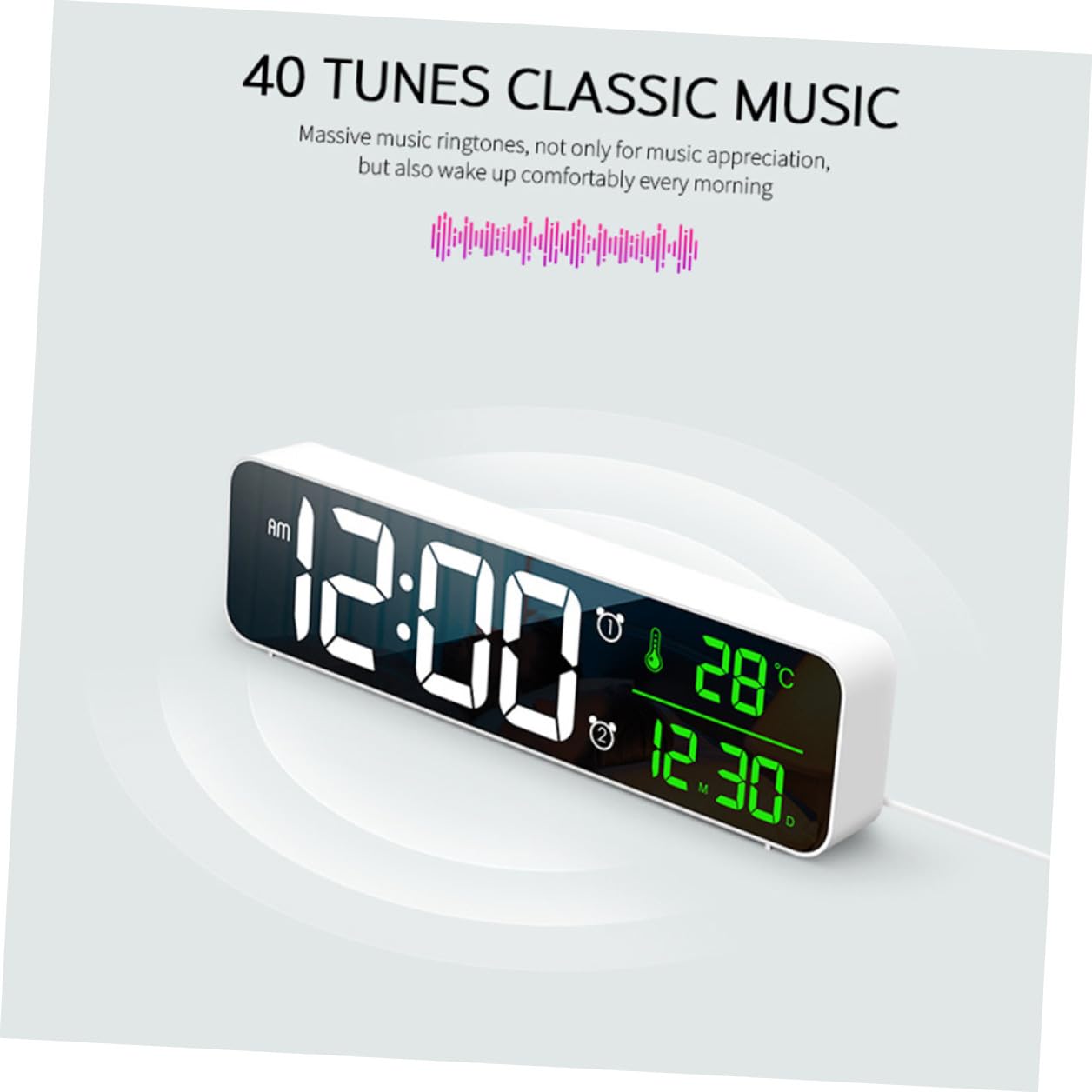Reloj Despertador Digital LED Multifuncional con Pantalla Grande Temperatura Fecha Tonos Música Alarma Brillo Regulable para Oficina y Mesita de Noche Montaje Pared o Sobremesa