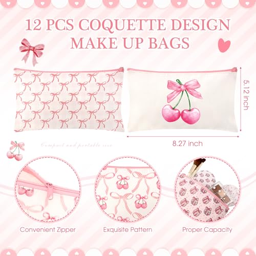 Chunful 24 Pcs Coquette Bow Party Favors 12 Canvas Makeup Bags 12 Coquette Aesthetic Compact Mirror Zipper Pouch Round Pocket Mirrors for Women Guests Quinceanera Party Favors(Pink,Cute Style)3