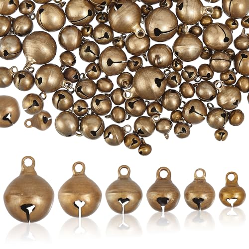 CHGCRAFT 240Pcs 6Sizes Mini Jingle Bell Mini Jingle Bells Tiny Craft Bells for DIY Bracelet Anklets Necklace Knitting Jewelry Making Christmas Decoration, Antique Bronze, 8-20mm