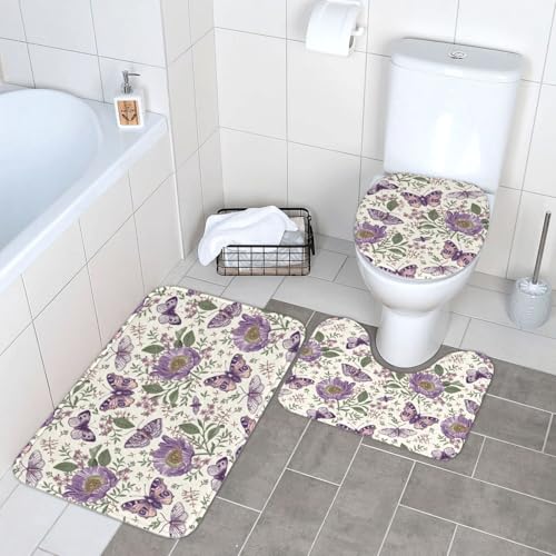 トイレマット 和風 蝶柄 花柄 バスマット 3点セット ふたカバー 吸水 おしゃれ 滑り止め トイレ床マット カーペット フタカバー 便座カバー U型 O型 兼用 浴室 家庭用
