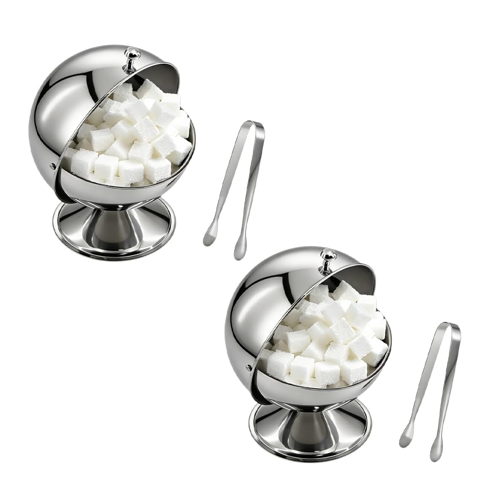 Photo 1 of 2 Pcs Stainless Steel Spherical Sugar Bowl with Roll Top Lid and Sugar Tong