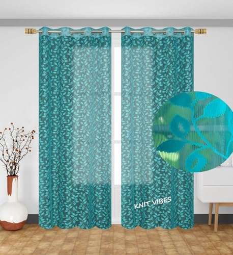 Image of Leaves Design Semi Transparent Window Curtain 5 feet Long Set of 3 pcs Drawing Room Parde | Pooja Room Curtain Panel | Sheer Curtain, Firozi Color