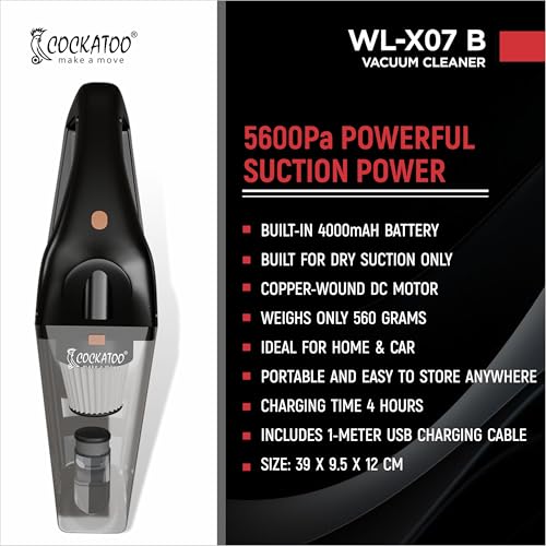 Image of Cockatoo WL-X07-BATTERY Handheld Vacuum Cleaner for Home & Car, Cordless, 5600Pa Suction Power, 7.4V 60W, 4000mAh Battery, 20 Minutes Run Time, LED Light, Dry Cleaning, Black /Grey