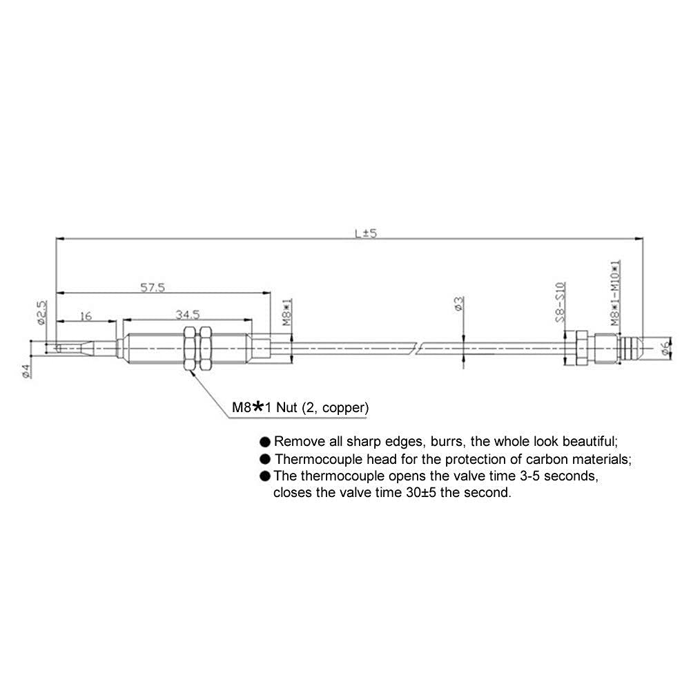 Terre étoile à gaz universel thermocouple 0.6 metres de long utilisé sur grille pour barbecue ou Foyer Chauffage ou chauffage de l'eau à gaz M8 x 1 Écrou d'extrémité et tête à bout