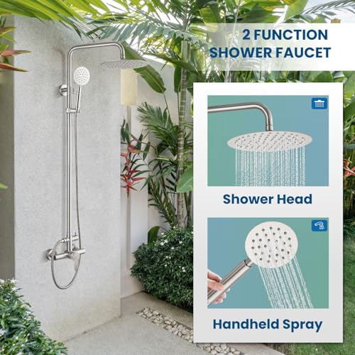 gotonovo SUS304 Outdoor Shower Fixture High Pressure Shower System Combo Wall Mount 2 Dual Function Shower Faucet Set Round Handheld Spray Brushed Nickel Single Handle