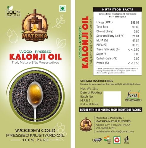 Image of SARV MATRIKAA 100% Pure Wooden Cold Pressed Kalonji Oil 250ml - Natural Black Seed Oil for Hair Growth & Immunity - No Preservatives, Cold Extraction