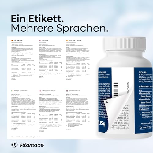 Vitamaze Kapseln hochdosiert mit Glucosamin + Chondroitin + Hyaluronsäure + MSM, 90 Kapseln als 1 Monatskur, Natürliche Nahrungsergänzung ohne Zusatzstoffe, Made in Germany