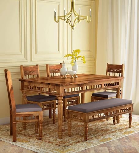 Image of BN Furniture Solid Sheesham Wood Traditional Dining Table Set of 6 Seater with Cushioned Chairs & Bench | Wooden Dining Table Set for Dining Room, Home, Hotel & Restaurant | Honey Finish