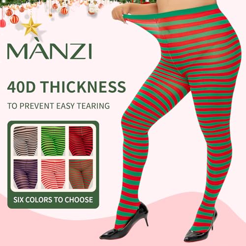 Image of MANZI 2 Pairs Women's Plus Size Colored Striped Tights 40D Nylon Striped Pantyhose for Halloween Christmas