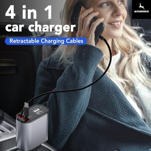 Image of 120W 4-in-1 Retractable Car Charger Socket 2025, Super Fast Multi USB Type-C Adapter with Dual Ports, Smart Car Mobile Charger Compatible with Android & iPhone 16 /15 /14 /13 /12 /11 Pro Max