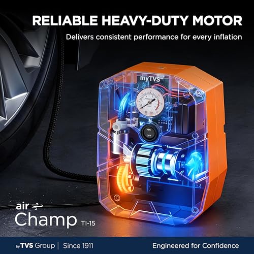 Image of myTVS air Champ Portable Tyre Inflator for Car, Bike, Cycle with 100 PSI Pressure | 12V DC | Analog Air Pump for Car tyre with LED Torch & Long Cord | 1+1 Years Warranty (TI-15)