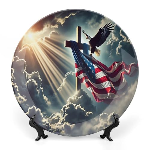 JXOEYX Patriotic Eagle American Flag Ceramic Decorative Plates Round Display Plate Stand And Hook for Living Room Dining Shelf Party Coffee Table Decor 10inch