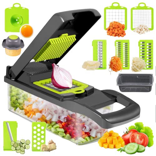 Multifunctional Vegetable Chopper | 12-in-1 Vegetables Cutter and Slicer, Onion Dicer | Dishwasher-Safe Mandoline Slicer, Veggie Chopper with Container | Seasoning and Spice Choppers