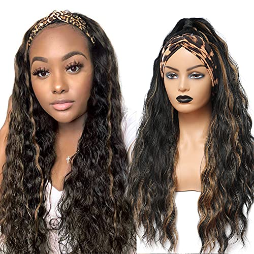 Highlight Headband Wig P1b/27 Long Wavy Headband Wigs for Black Women Loose Wave Synthetic Wig Wear and Go Wig With Headband Attached for Women's Daily Wear (24Inch)