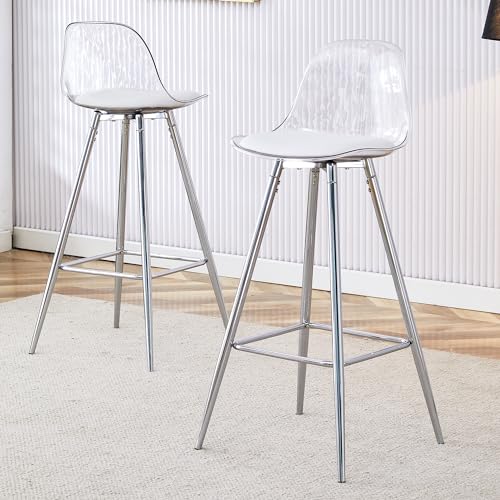 Clear Bar Stools Set of 2 Up to 180 Lbs, Modern Tall Acrylic Bar Chair with Metal Legs, Kitchen Island Chairs with Back and Footrest, Upholstered Counter Stools for Dining Room, Kitchen - Silver -  WE ANJUFUN, WA-CR-00-01-2