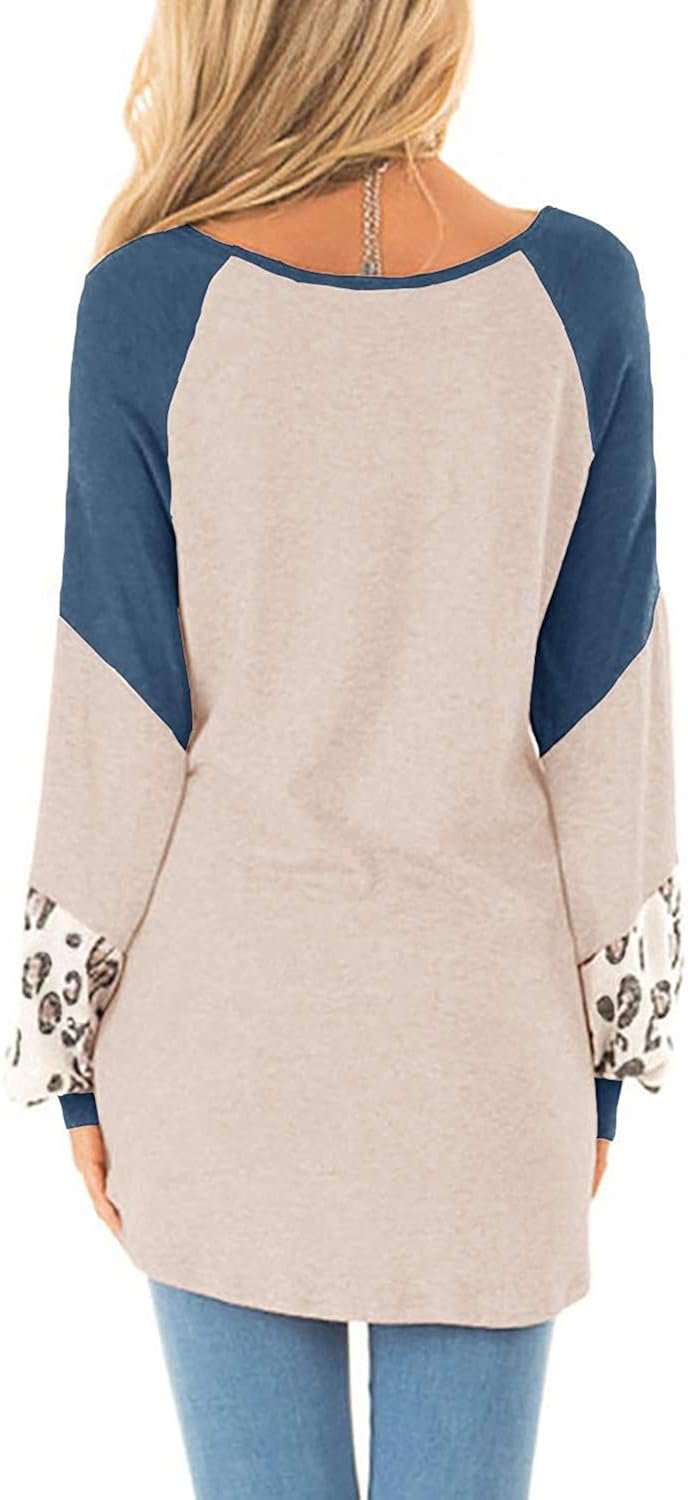 Yanekop Womens Color Block Pullover Leopard Print Sweatshirt Raglan Long Sleeve Loose Tunic Shirts Tops