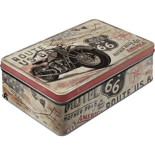 30752 Retro Vorratsdose flach Route 66 – Bike Map – Geschenk-Idee für Biker & Motorrad-Fans, Blech-Dose mit Deckel, Vintage Design