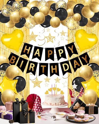 Image of Black Gold Happy Birthday Party Decorations with Banner Balloons for men