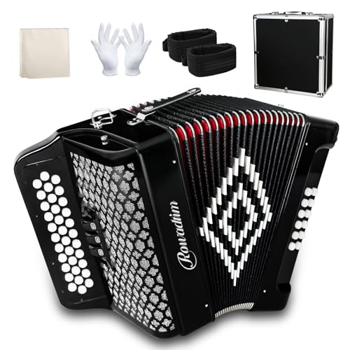 Accordion - 34-Key Diatonic, 12 Bass Buttons, F/B/E Tuning, Push-Pull Heterophonic Design, Premium Quality for Beginners & Professionals (Black)