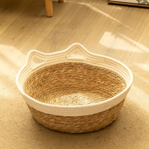 Rosoy 猫用ベッド 和柄 かごベッド ガマ草 藤編み ラタン クッション付き ペットベッド ナチュラル 手編み 通気性 オールシーズン (S,ホワイト)