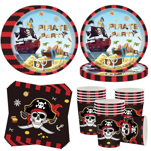 Vaisselle de fête pirate pour 16 invités - 52 assiettes en carton - Décoration de fête pirate - Assiettes en carton - Gobelets - Vaisselle de fête pirate...