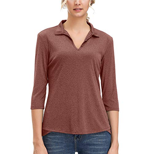 MOHEEN Women's Moisture Wicking 3/4 Sleeves Athletic Golf Polo Shirt Top & Tee Claret Red-M