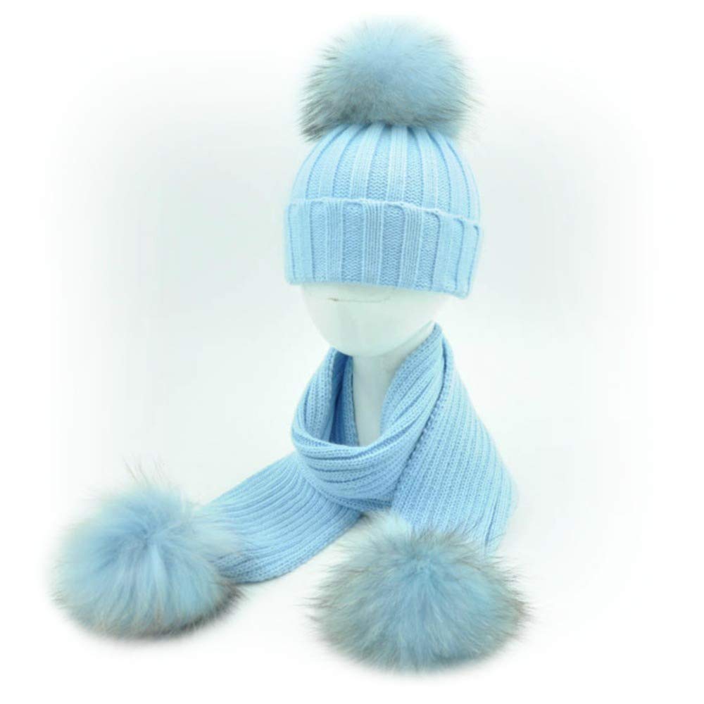 Set Cappello e Sciarpa Bambino PON PON Vera Pelliccia Celeste Azzurro 1-5 Anni Bimbo Cuffia Berretto Blue Baby Kids