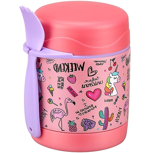 Insulated Soup Jar for Kids - 10oz, Leak Proof, Stainless Steel, Wide Mouth, Pink-Flamingo