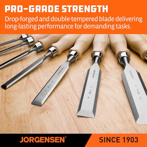 Image of Jorgensen 8-Piece Wood Chisel Set, Chromium Alloy Steel Beveled Edge Wood Chisels, Wood Chisels for Woodworking, Ergonomic Hardwood Handle with Metal Ferrule, 1 /4 inch to 1-1 /2 inch
