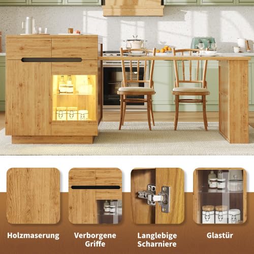 STAPERFO Isola cucina con tavolo estraibile, armadio da cucina multifunzionale con illuminazione a LED e controllo app, effetto rovere, spazio di archiviazione, cassetti, porta in vetro, 122